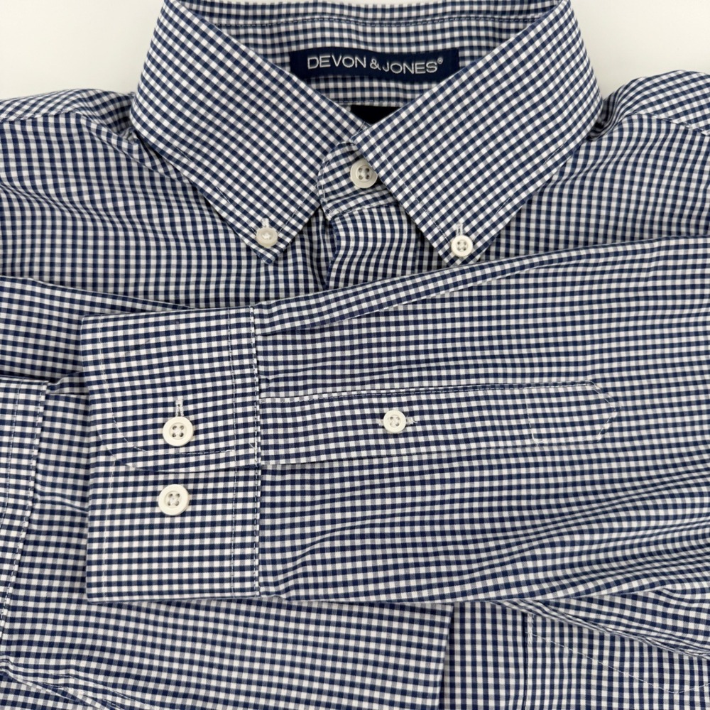 Devon & Jones Mens Medium Navy Blue Gingham Button Down Shirt Long Sleeve M